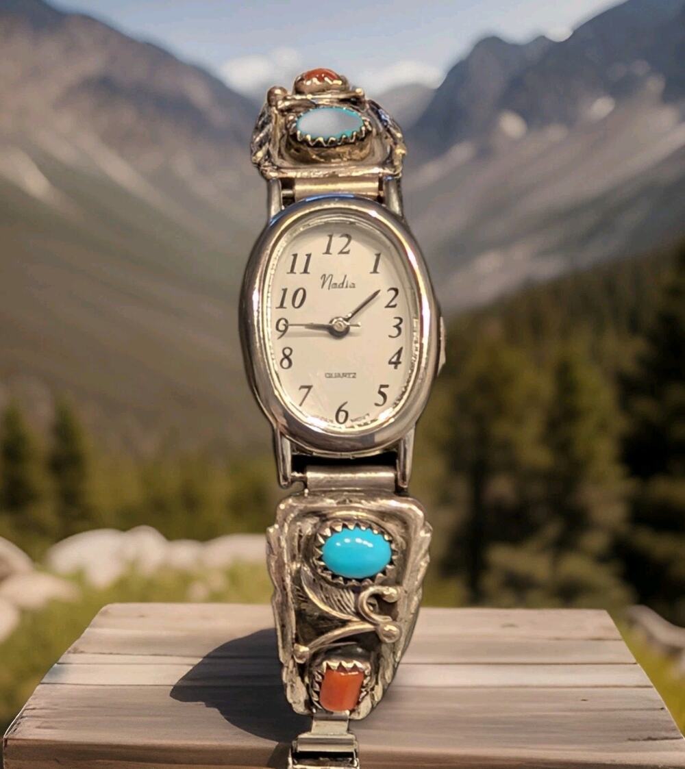 VTG RB Bear Turquoise Coral NEW Watch With Sterling Leaf Chiseled Edge Navajo